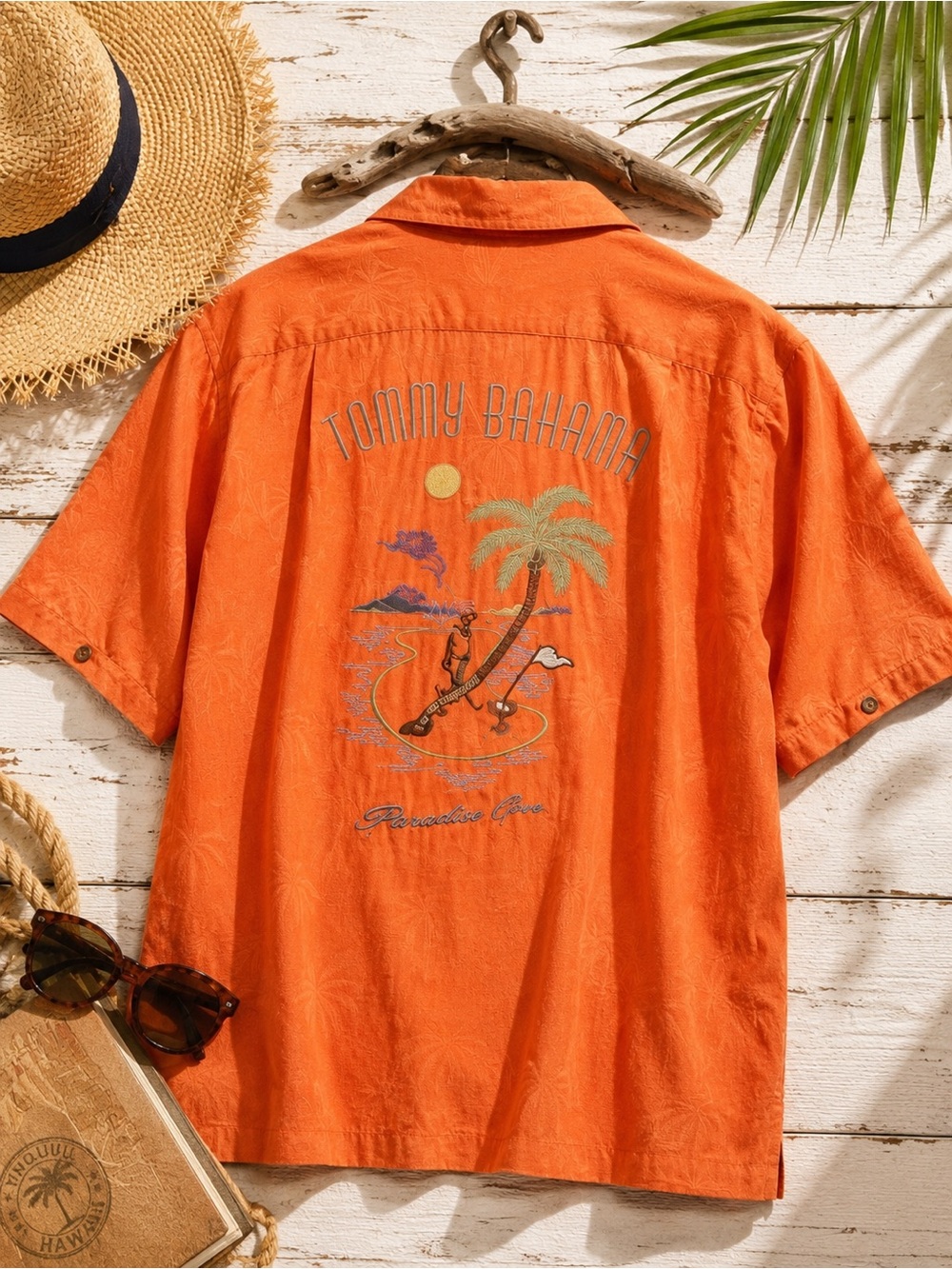 Tommy Bahama 100% Silk Camp Shirt Large Orange Embroidered Back Resort Button Up
